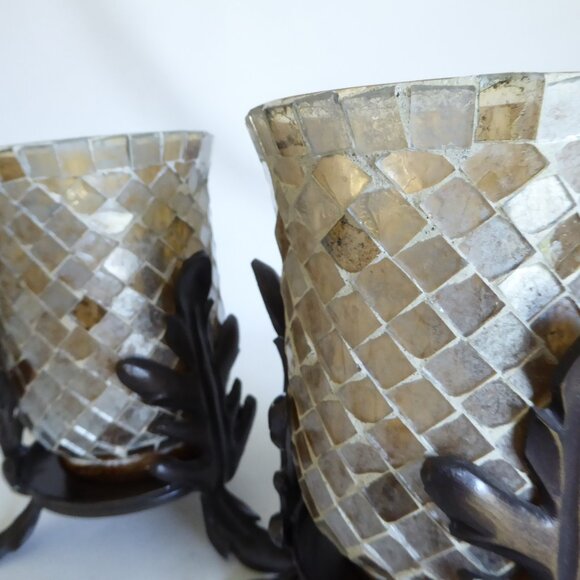 NEW 7.25” STAINED GLASS MOSAIC ART GLASS CAST IRON LEAF STANDS CANDLE HOLDER SET - Picture 11 of 13